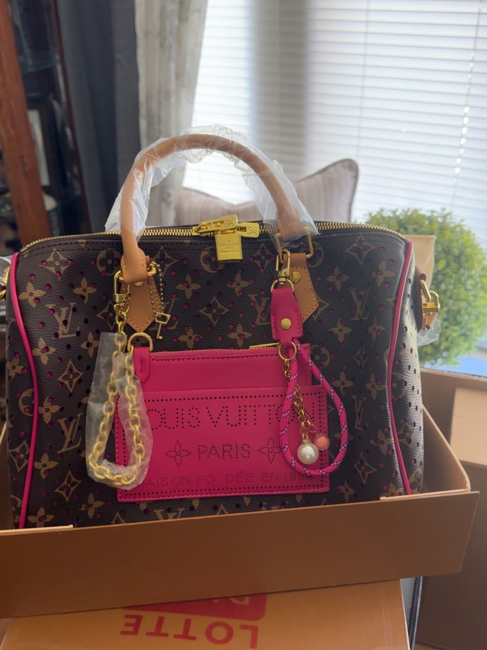 Monogram Satchel in Brown with Hot Pink Trim